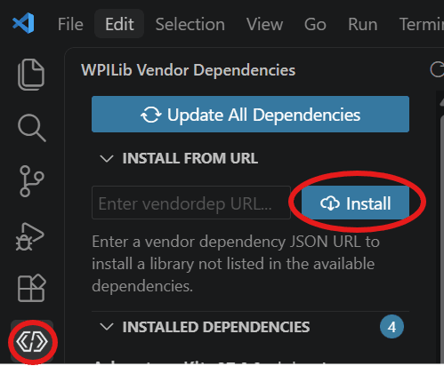 The WPILib Vendor Dependencies panel in VS Code, with the INSTALL FROM URL section expanded and the Install button circled